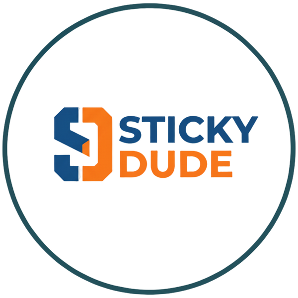 Logo of 'Sticky Dude' with a blue and orange design on a white background